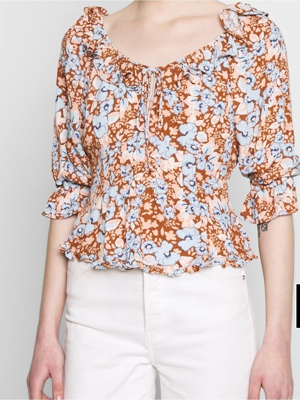 Free People Sweet Memories Floral Crop Ruffle Blouse Size L - Picture 1 of 11